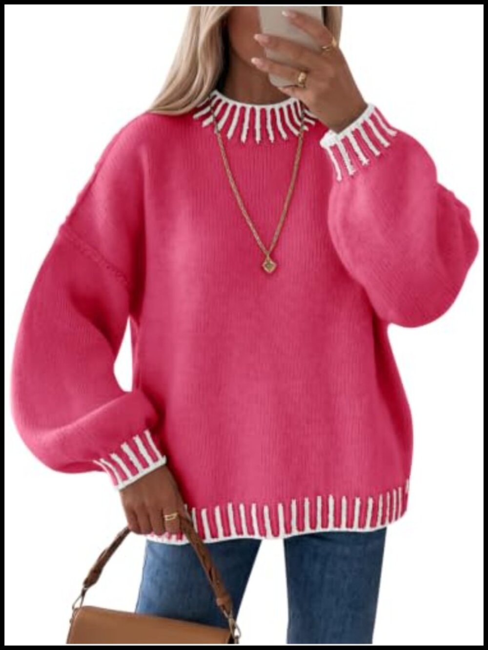Chunky Knit Color Block Mock Neck Pullover Sweater Lantern Sleeve Oversized